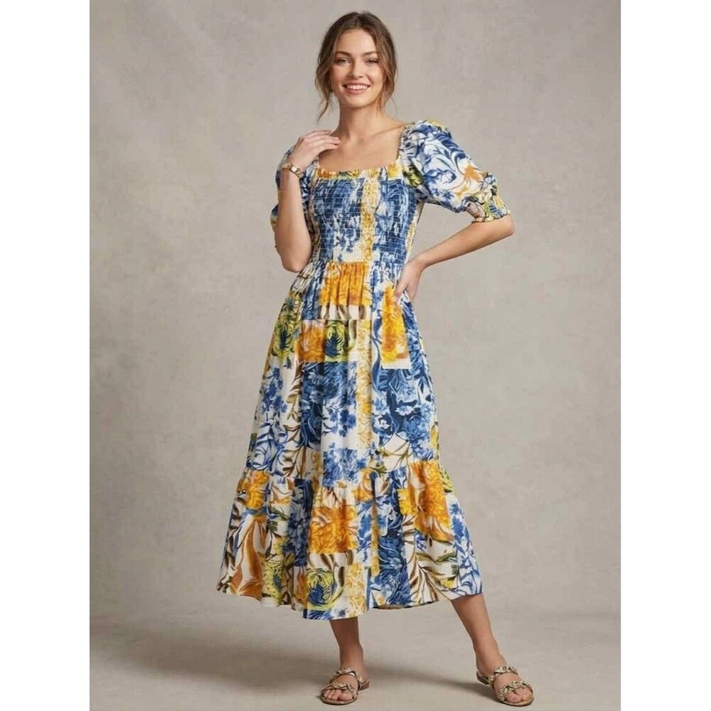 INC Smocked Floral Patchwork Midi Dress sz M Tiered Puff Sleeve Milkmaid Floral